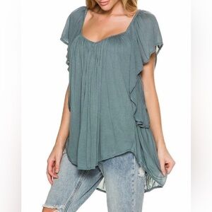 Free People Forever & Always V-Neck Flutter Sleeve Top, Size Medium, Green/Gray